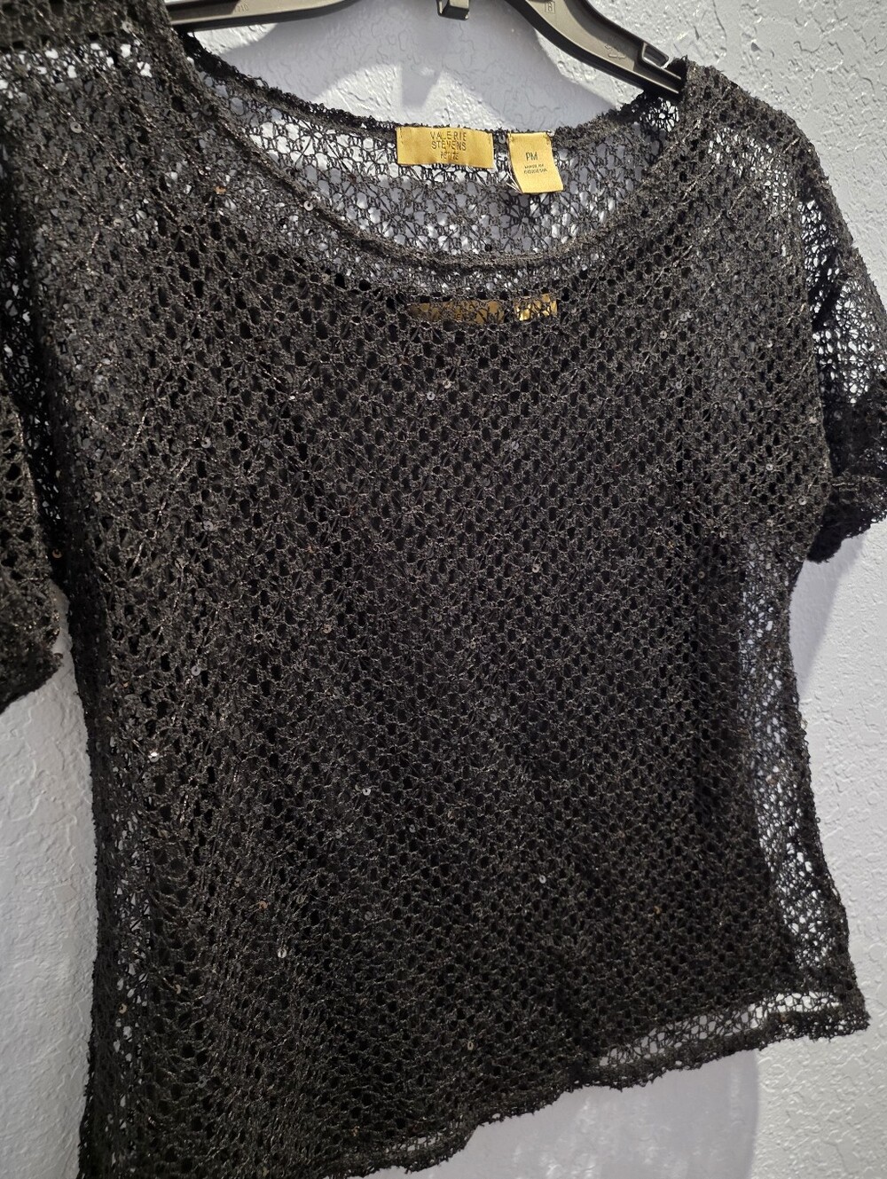 Valerie Stevens Black Sequin Crochet Knit Short Sleeve Top + Cami Set - Size PM